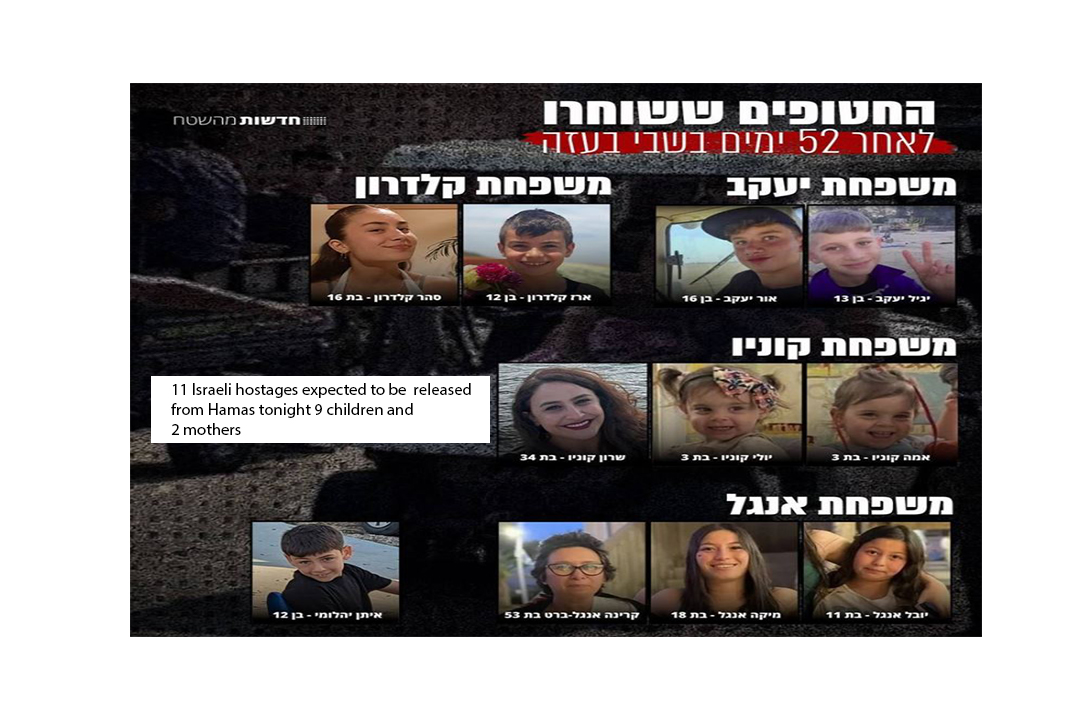 11 Israeli hostages expected to be released from Hamas tonight 9 children and 2 mothers