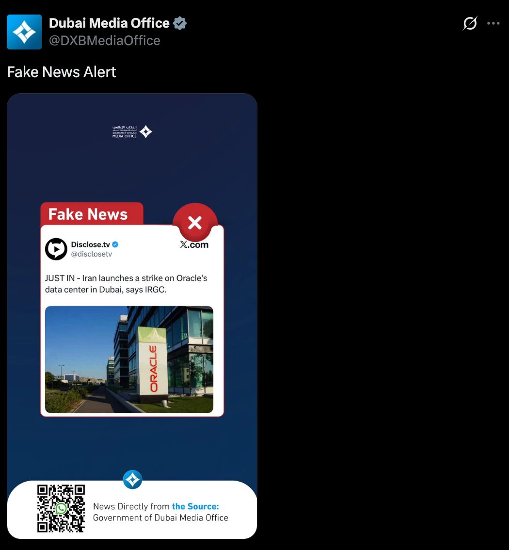**TITLE**: Dubai Denies Reports of IRGC Strike on Oracle's Data Center, Tensions Between UAE and Iran Remain High